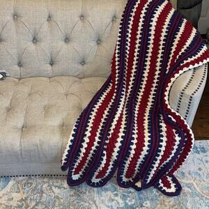 Handmade Afghan Throw Blanket Red White and Blue